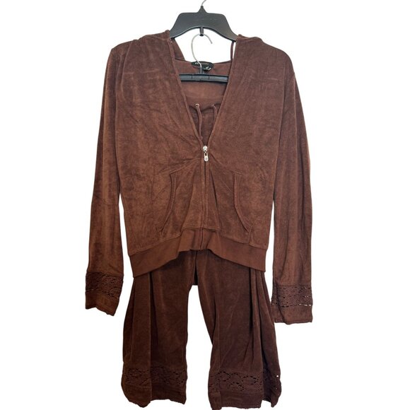 Vintage Y2K BCBGMaxAzria Brown Velour Hooded Jacket & Cropped Pants Set Women Si - Picture 1 of 6
